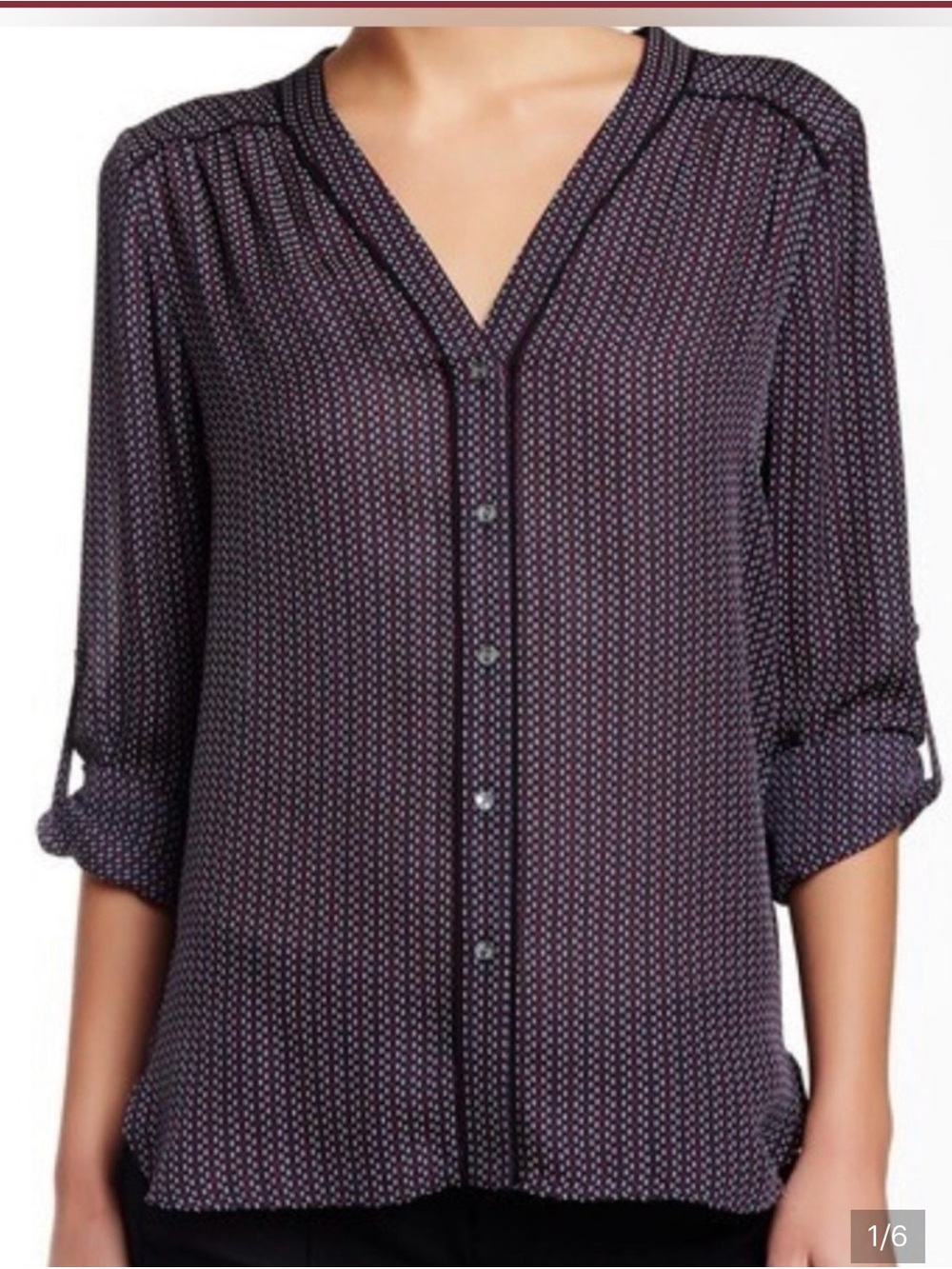 Vince Mini Geo Print 100% Silk Blouse XS Navy Red White Geometric Button Front